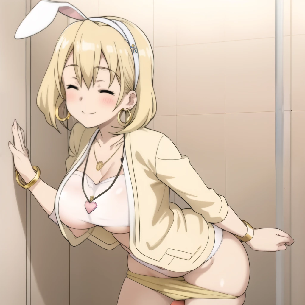 Light gold bunny suit circle big hoop earrings Gold charm heart necklace short hair headband sexy lace up heels shoes hot boob panty close your eyes smile happy sex bend your knees legs both hand on your back Head down Dancing sex Bathroom dancer stripper Fingering hand on the pussy