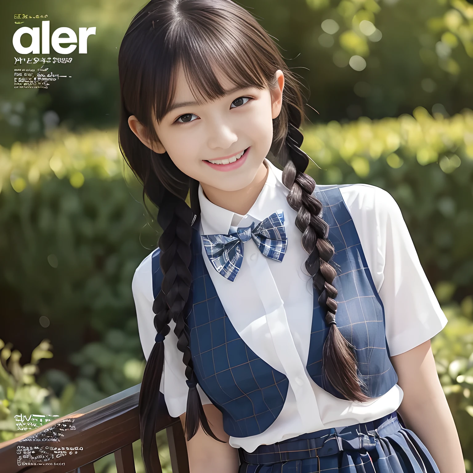 (highest quality、masterpiece:1.2)、highest quality、Realistic、photograph、High resolution、1080p、8K、Physical Rendering、((Height: 158cm)), one Japanese girl、(((((( beautiful Japanese magazine fashion model looking at the viewer)))))), , (((big very detailed beautiful dark brown eyes))), ((((laughing at me!)))), detailed fingers, (((curled blunt bangs))), ((Very large and cute eyes, carefully drawn with great attention to detail)), ((double eyelids)), (((long eyelashes))), ((cute lovely lovely laughing laughing cheeks)), ((The pure white light hits my nose and cheeks.、Her eyes and white facial skin shine beautifully white.)), ((The skirt is very cute)), (((((Her facial features are very expressive lovely smile, very sweet, very very sweety.))))), (((Shooting from the side))), ((((impressive plain navy large school ribbon bow tie in plain)))), ((((black very beautiful and very very long braids)))), (((((blue and navy colored tartan checkered formal long pleated pleated skirt))))), (((A formal dark blue blazer in solid that is slightly oversized and with a golden emblem))), ((Her face has especially white and beautiful skin.)),