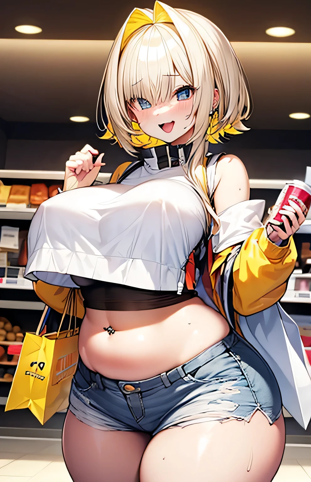 Anime illustration、highest quality、Short high school girl、first round、Belly button piercing、Perfect proportions、Shopping mall、overwhelmingly big breasts、Beautiful, shining eyes、Cowboy Shot、smile、Excessive sweating、Noise Reduction