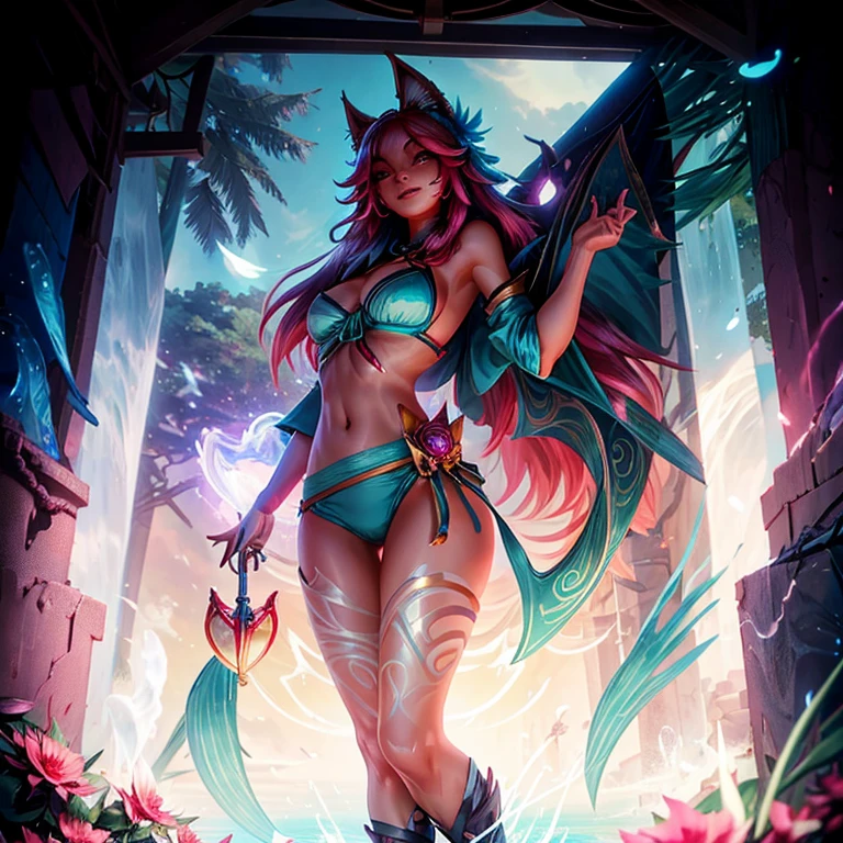 Spirit Blossom Ahri, bem detalhado, Cyan Bikini, na praia, mostrando o corpo todo, bastante sensual, sorridente, durante o por do sol, com suas caldas bastante chamativas.