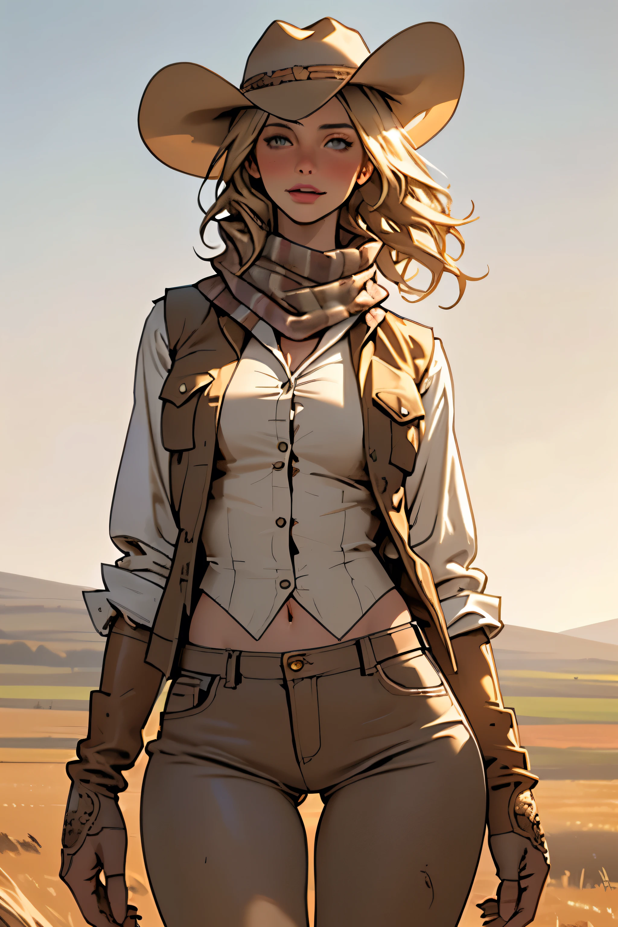 (highest quality, Super detailed, realistic:1.37), outdoor, girl, muddy, detailed and beautiful eyes, beautiful detailed lips, cowboy hat, vest with fringes, slim waist, slender thighs, thigh gap, slim thighs, show belly, pants, scarf, With confidence, medium chest, dusty farm landscape, golden hour lighting