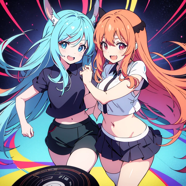 two anime girls in headphones are playing music on a turntable, anime vibes, anime style 4 k, ig studios anime style, nightcore, 8 0 s anime vibe, anime girls, anime style. 8k, lofi artstyle, dj sura, anime moe artstyle, anime style illustration, trending on cgstation, anime style artwork, e - girl,flying attack,dancing,star in lefteye,manga style