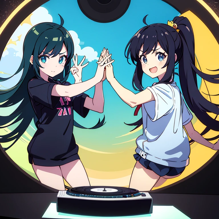 two anime girls in headphones are playing music on a turntable, anime vibes, anime style 4 k, ig studios anime style, nightcore, 8 0 s anime vibe, anime girls, anime style. 8k, lofi artstyle, dj sura, anime moe artstyle, anime style illustration, trending on cgstation, anime style artwork, e - girl,flying attack,dancing,star in lefteye,manga style