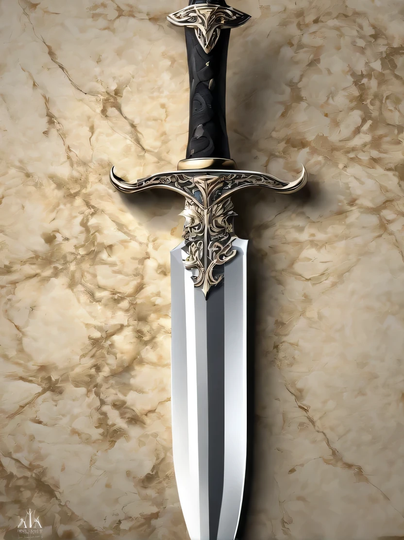 ((masterpiece、highest quality、Genuine、Very detailed、High resolution、Sharp focus、Photorealistic、Cinematic lighting))、((There are no people))、Black Background、Medieval fantasy RPG、Game Icons、Game Art、(((Close-up of a sword)))、Intricately decorated pattern with golden ornaments、Sharp and long blade、Large two-handed sword、Silver Dragon Slayer Sword