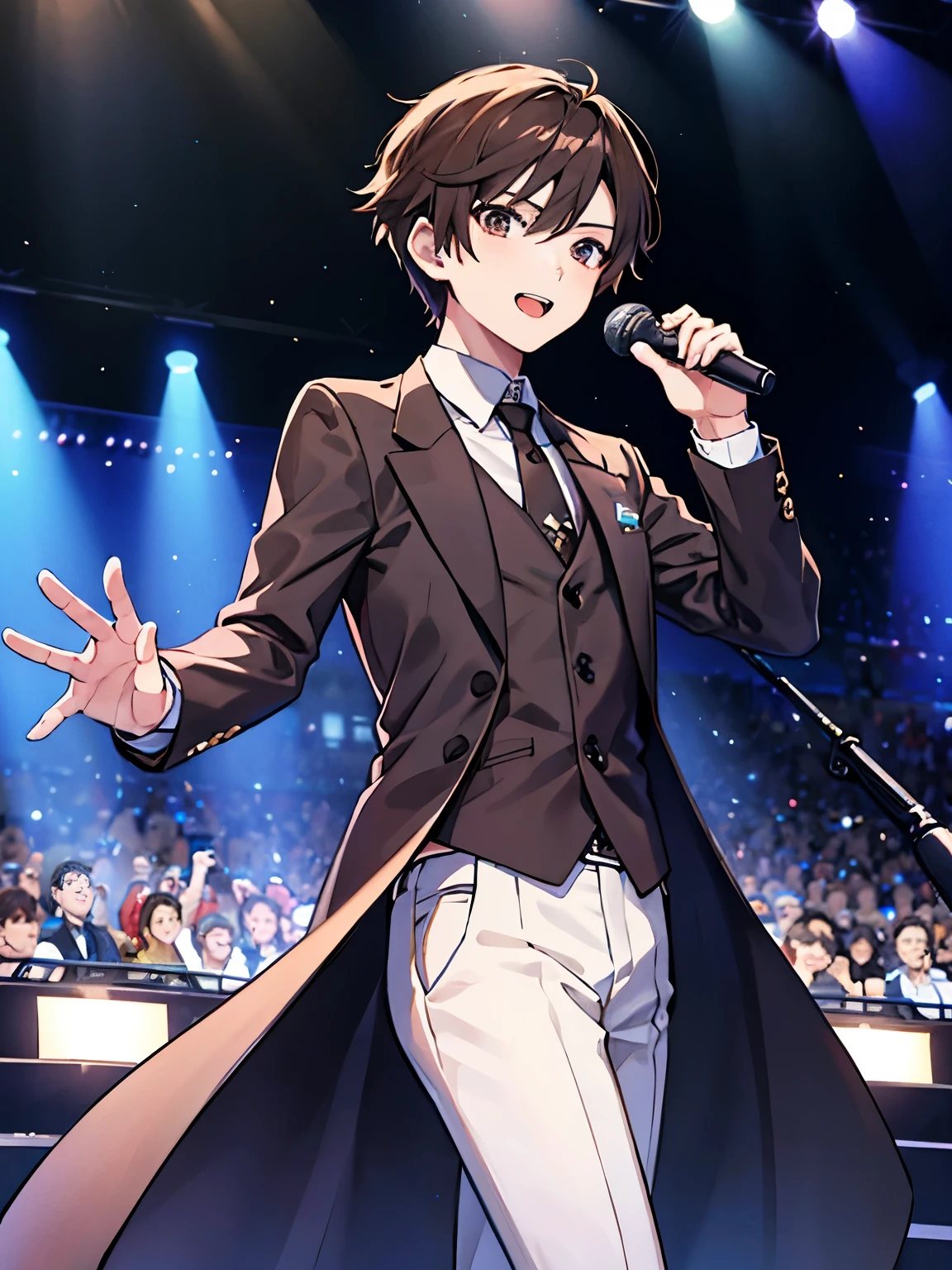 1 boy、For men、Brown hair mash、nice、Holding a microphone、Stage Costumes、suit、looking at the camera