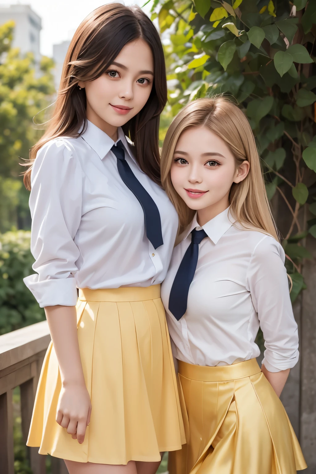 Girl and girl, ((uniform)), blouse, golden hair, lifts skirt, light smile, outdoors,