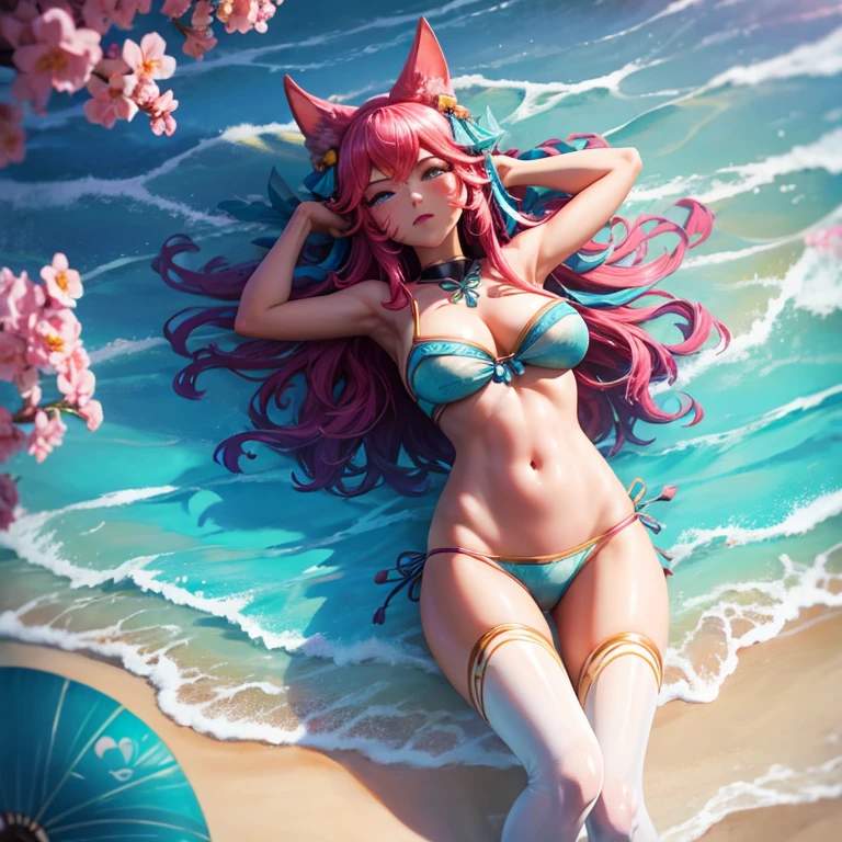 Spirit Blossom Ahri, bem detalhado, Cyan Bikini, na praia, mostrando o corpo todo, bastante sensual, durante o por do sol, com suas caldas bastante chamativas.