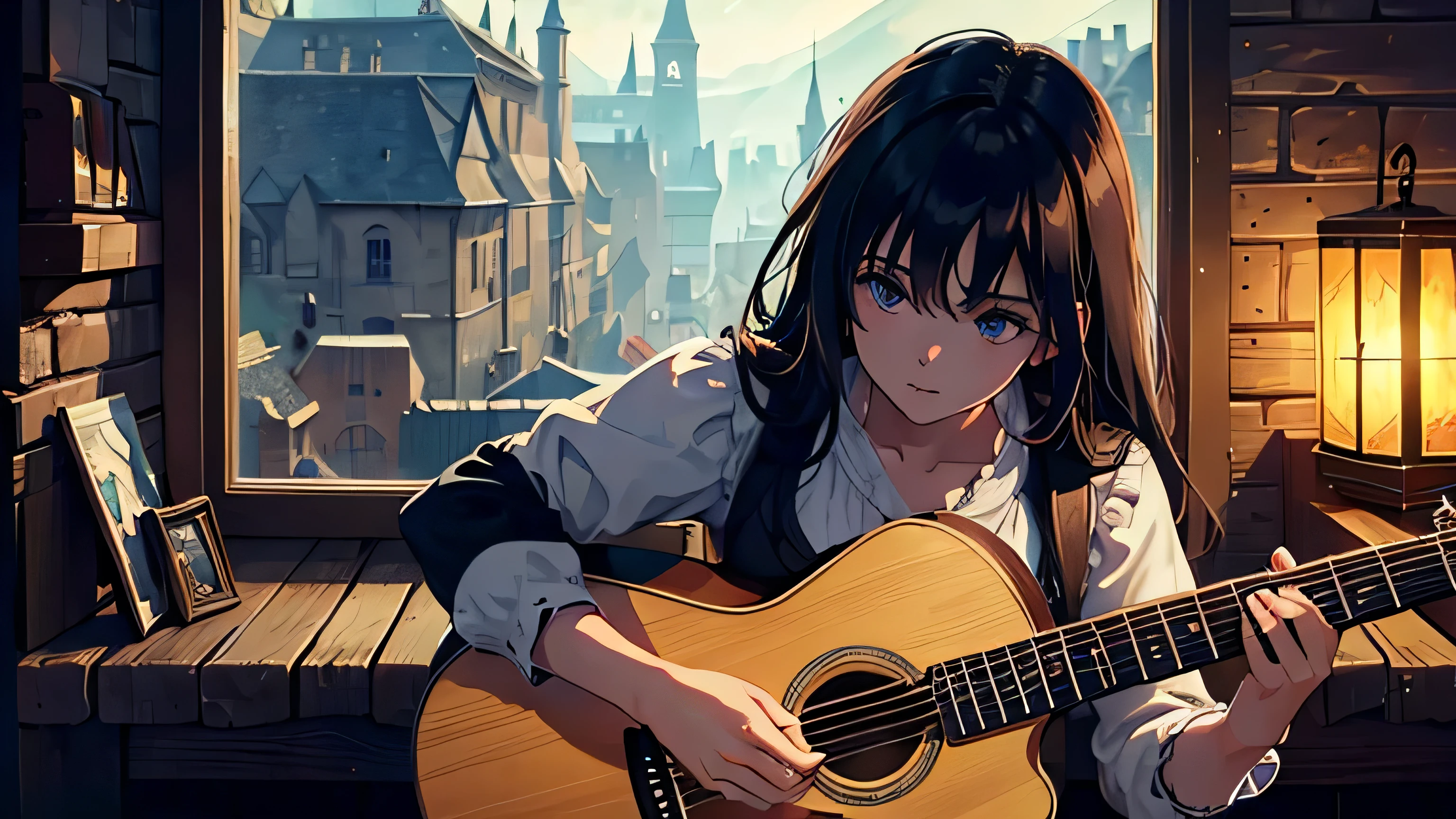 ((masterpiece, highest quality)),Ultra high definition 8K,Medieval Tavern,Young bard girl playing guitar,Eyes on the guitar,Warm Light,lanthanum,Calm space