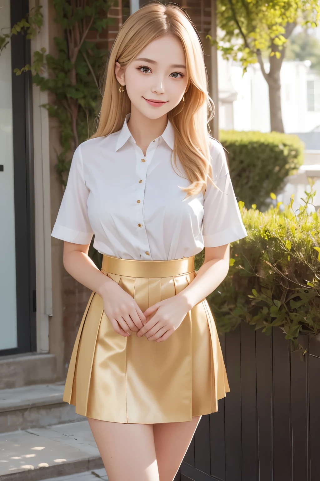 Girl and girl, ((uniform)), blouse, golden hair, lifts skirt, light smile, outdoors,