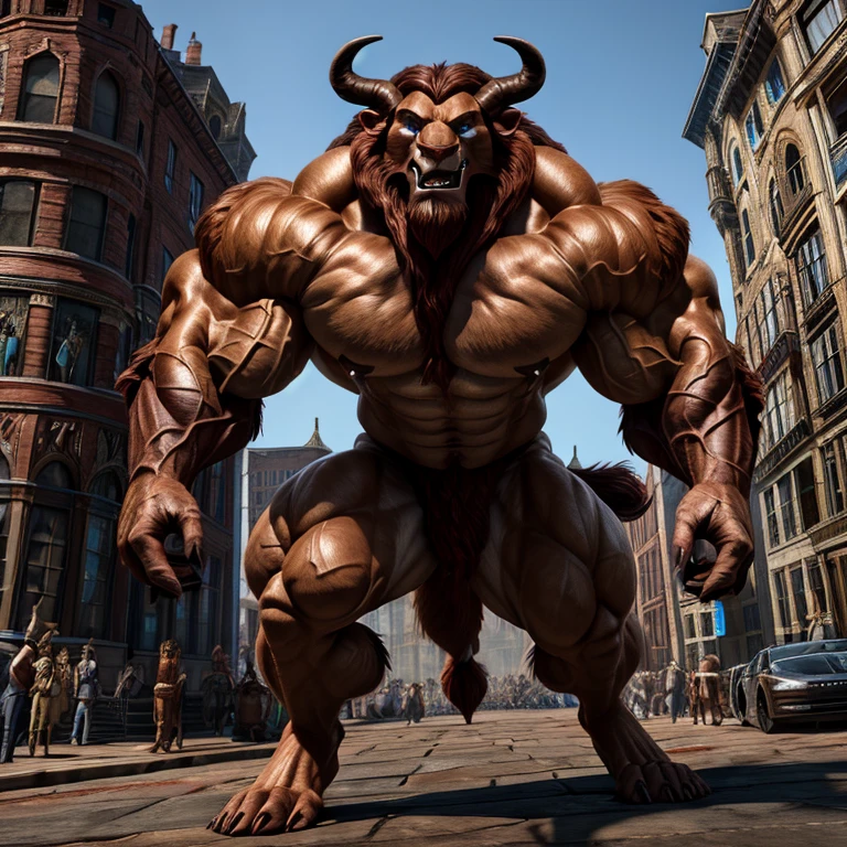 A photorealistic image of the Beast from the movie Beauty and the Beast, super muscular giant, with muscular arms, broad shoulders, giant and toned physique, bursting muscular veins, blue eyes, tail, super furry brown fur, backward facing horns, with veins jumping, barefoot, super giant in the center of a city
