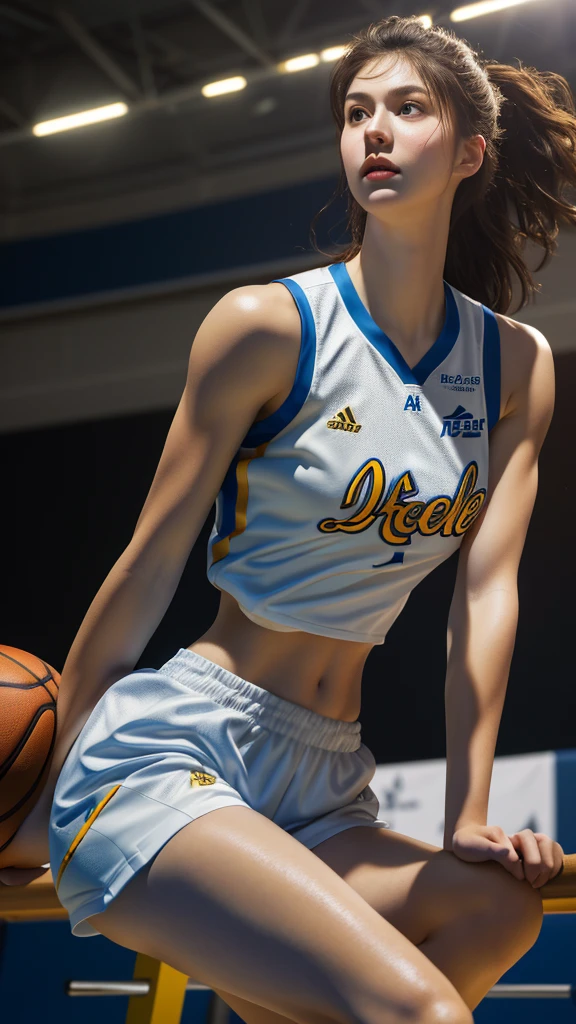 Photorealistic, Ultra realistic, 16k, high quality, cinematic lights, dream atmosphere, dream aesthetic, 1girl, realistically, high resolution, soft light, fair, Tempting, Sexy, White Americans, 18 years old, Tall and thin, Wearing wnba basketball uniform, stand completely, in the gym, face camera, silky pale-brown hair, flushed skin illuminated, realistic textured skin, realistic shading, sexy basketball tight outfit, sweaty, large natural breasts, realistic textures, belt, 16k resolution, detailed face and eyes, muscular female body, strong arms, lean belly, big hips, muscular thighs, thick legs, full body, realistic, style-paintmagic, different positions at different types of angles. 