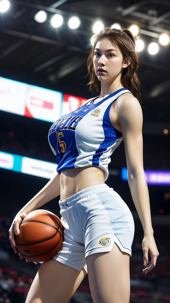 Photorealistic, Ultra realistic, 16k, high quality, cinematic lights, dream atmosphere, dream aesthetic, 1girl, realistically, high resolution, soft light, fair, Tempting, Sexy, White Americans, 18 years old, Tall and thin, Wearing wnba basketball uniform, stand completely, in the gym, face camera, silky pale-brown hair, flushed skin illuminated, realistic textured skin, realistic shading, sexy basketball tight outfit, sweaty, large natural breasts, realistic textures, belt, 16k resolution, detailed face and eyes, muscular female body, strong arms, lean belly, big hips, muscular thighs, thick legs, full body, realistic, style-paintmagic, different positions at different types of angles. 