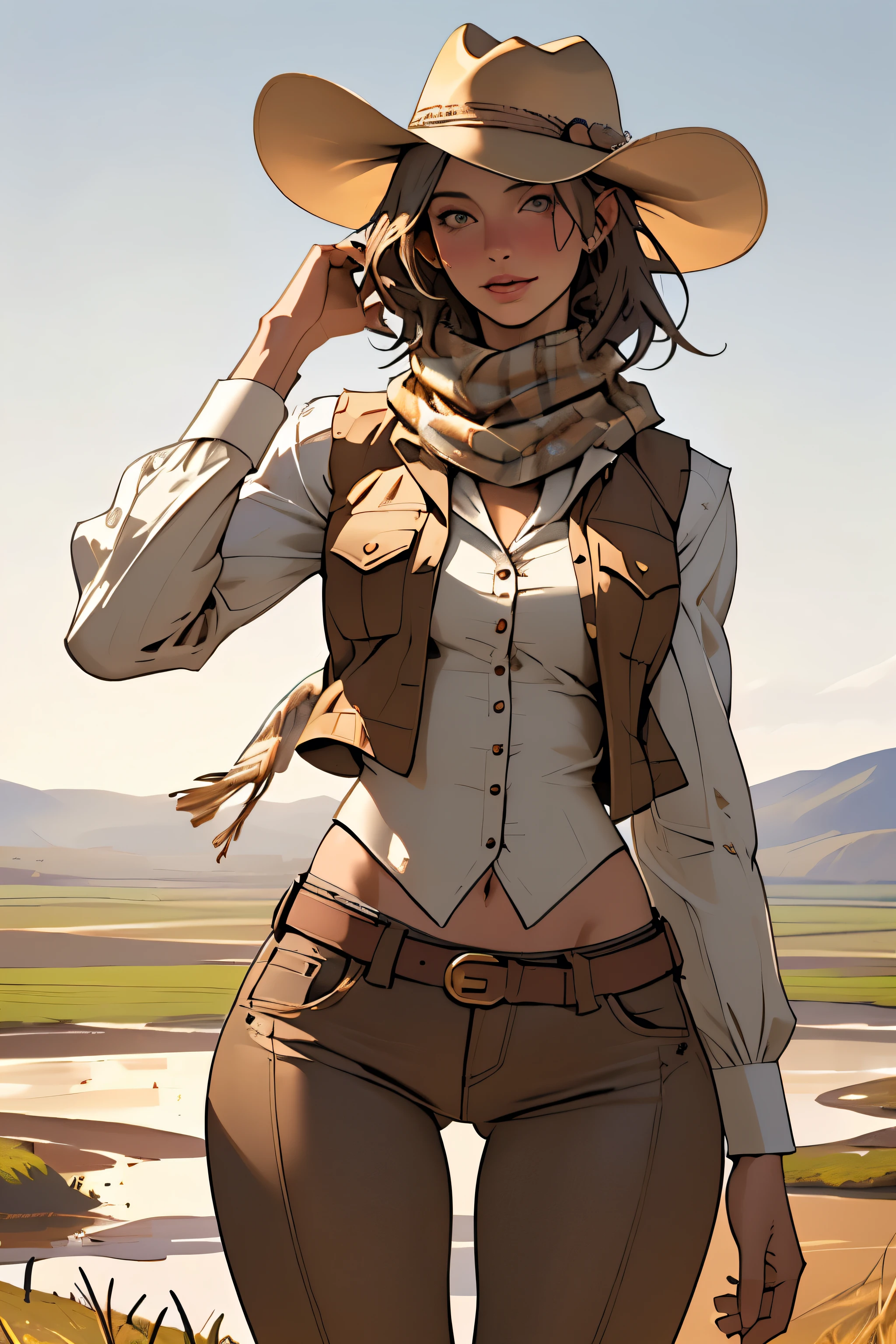 (highest quality, Super detailed, realistic:1.37), outdoor, girl, muddy, detailed and beautiful eyes, beautiful detailed lips, cowboy hat, vest with fringes, slim waist, slender thighs, thigh gap, slim thighs, show belly, pants, scarf, With confidence, medium chest, dusty farm landscape, golden hour lighting