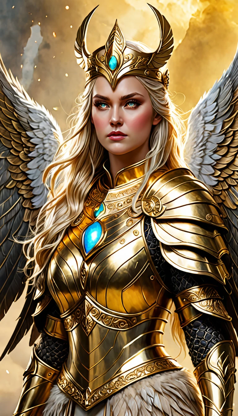 The Valkyries, female warrior to fight besides Odin & Ragnarok, beautiful, closeup image, wear golden armour suit, large big size fluffy wings, wing shape crown on head, beaitiful opal eyes, highly detailed, masterpiece, fantasy mythilogical, realistic hd, light golden hair, english woman, smokey background, photography, hyperrealistic