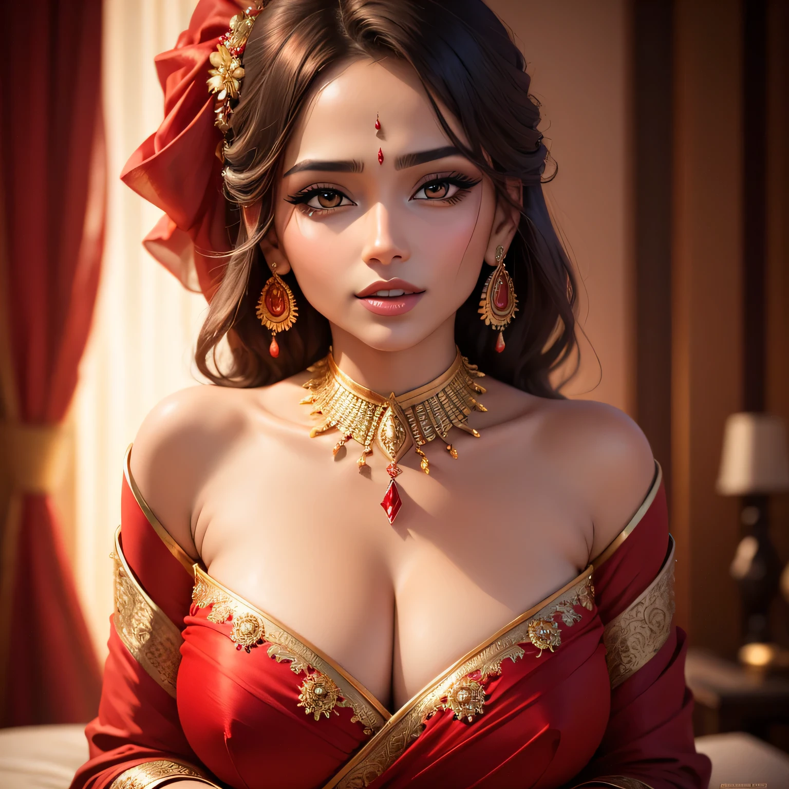 Amazing portrait of a sexy woman dazzling in a stunning red saree