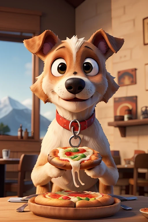 Fondo blanco, coffee dog eating with a mountain of pizzas and hamburgers 
