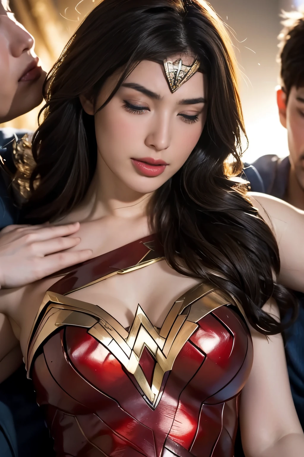 私はWonder Womanです、完璧なWonder Womanの衣装,お姫様Hugged,Hugged,You can hold it,Leaning on the man,Hugged,Can be lifted,Men lick my face with their tongues,The guys lick my head with their tongues,Men lick my hair with their tongues,My body is licked by men,sleeping face,Close ~ eyes,Open your mouth,Tired face,Face of Suffering,sleeping face,Being slapped in the face,Getting punched in the face,Fighting with men,Fight with the men,Surrounded by men,,caught between men,Being held back by men,Entanglement with males, Attacked by men,Brown Hair, masterpiece、beautiful girl、fine 目、puffy eyes、highest quality, 超High resolution, (reality: 1.4), Cinema Lighting,so beautiful、Beautiful Skin、(超reality的な)、(High resolution)、(8k)、(Very detailed)、(beautiful and fine 目)、(Very detailed)、 Detailed face、Diagonal bangle hair、Brown Hair、20-year-old、Wonder Womanのコスプレ,Wonder Woman