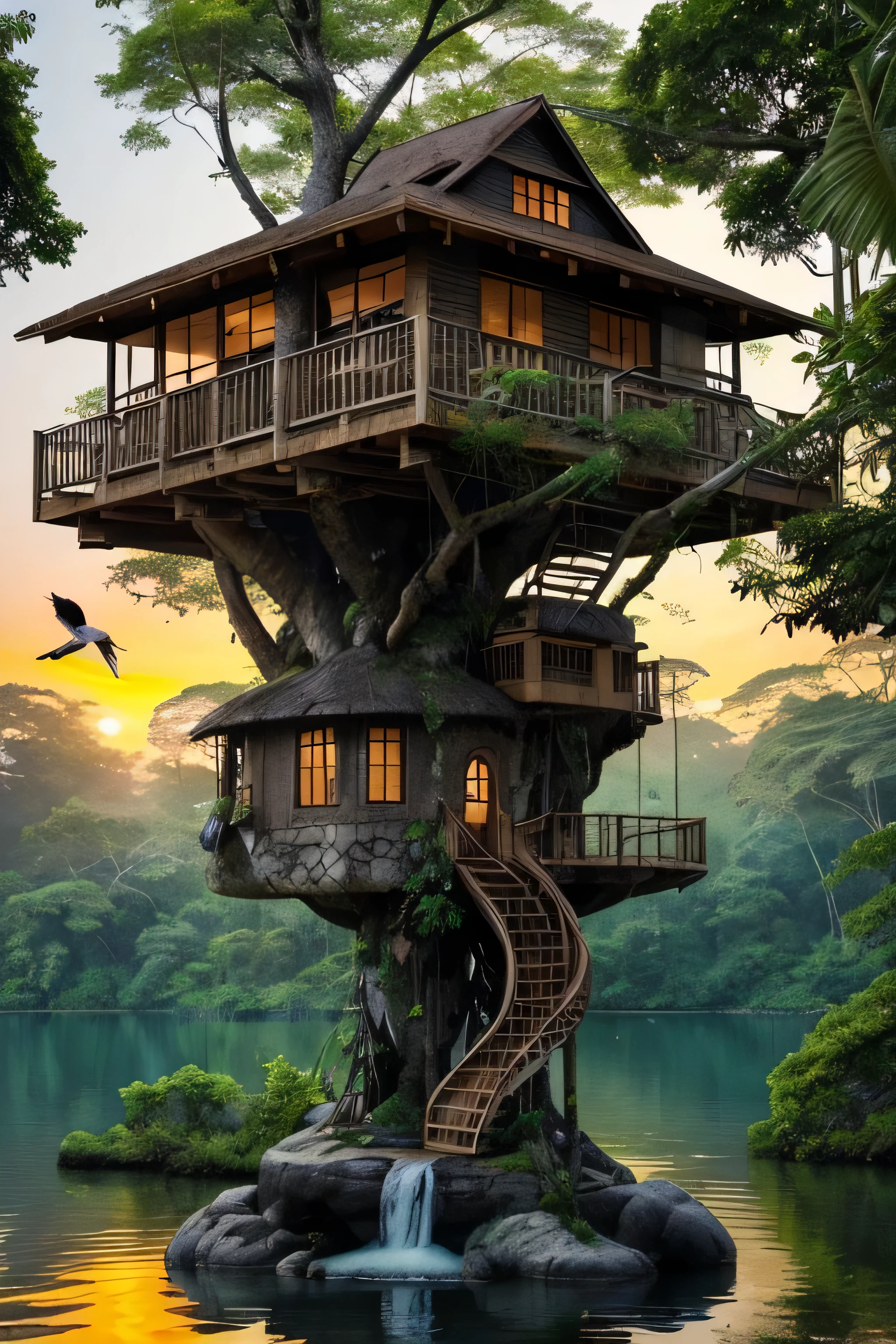 Perfection The Coolest Tree house on a large rock in the middle of the lake in the jungle with sunset, waterfall, bird flying, airroplan flying flowers in front of the house and trees on both sides of the house