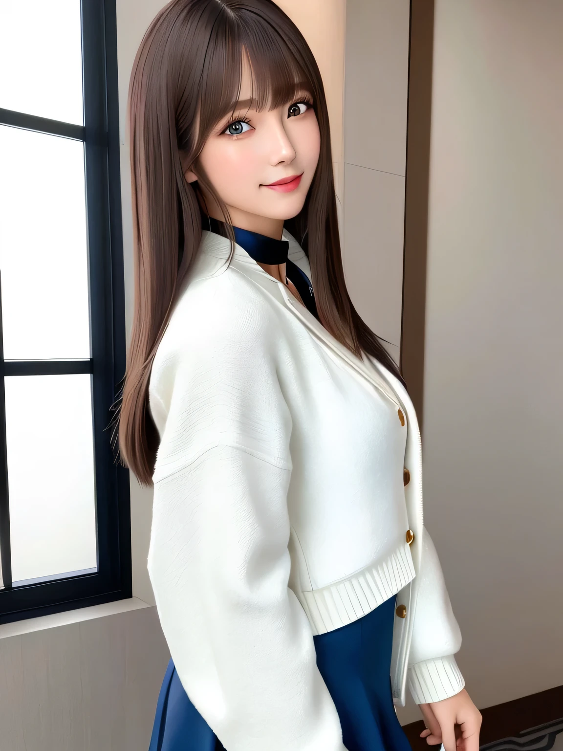 masterpiece, One girl per photo, Cowboy Shot, Front view, Young and pretty girl in Japan, Long Bob Hair, In a room of a luxury hotel, with a big smile on your face, a beautiful morning view in front of you, Wear a white jacket over a black V-neck sweater, Black mini skirt, Super cute face, Glossy Lips, Double eyelids on both eyes, Natural Makeup, shiny smooth light, brown hair of Long Bob Hair, Asymmetrical bangs, High resolution, Attention to detail, Detailed hairstyle, Detailed face, Cinema Lighting, Octane Rendering, Ultra-realistic, Perfect limbs, Perfect ???????, Black choker, Blue Eyes