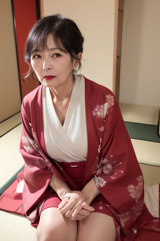 ((Japanese Mature)), ((55 years old:1.4)), ((old woman:1.3)), Goddess-like, Beautiful Japanese Women, 1 person, Japanese-style room, Bright room, short hair, Low Ponytail, Kimono, ((Red lipstick)),