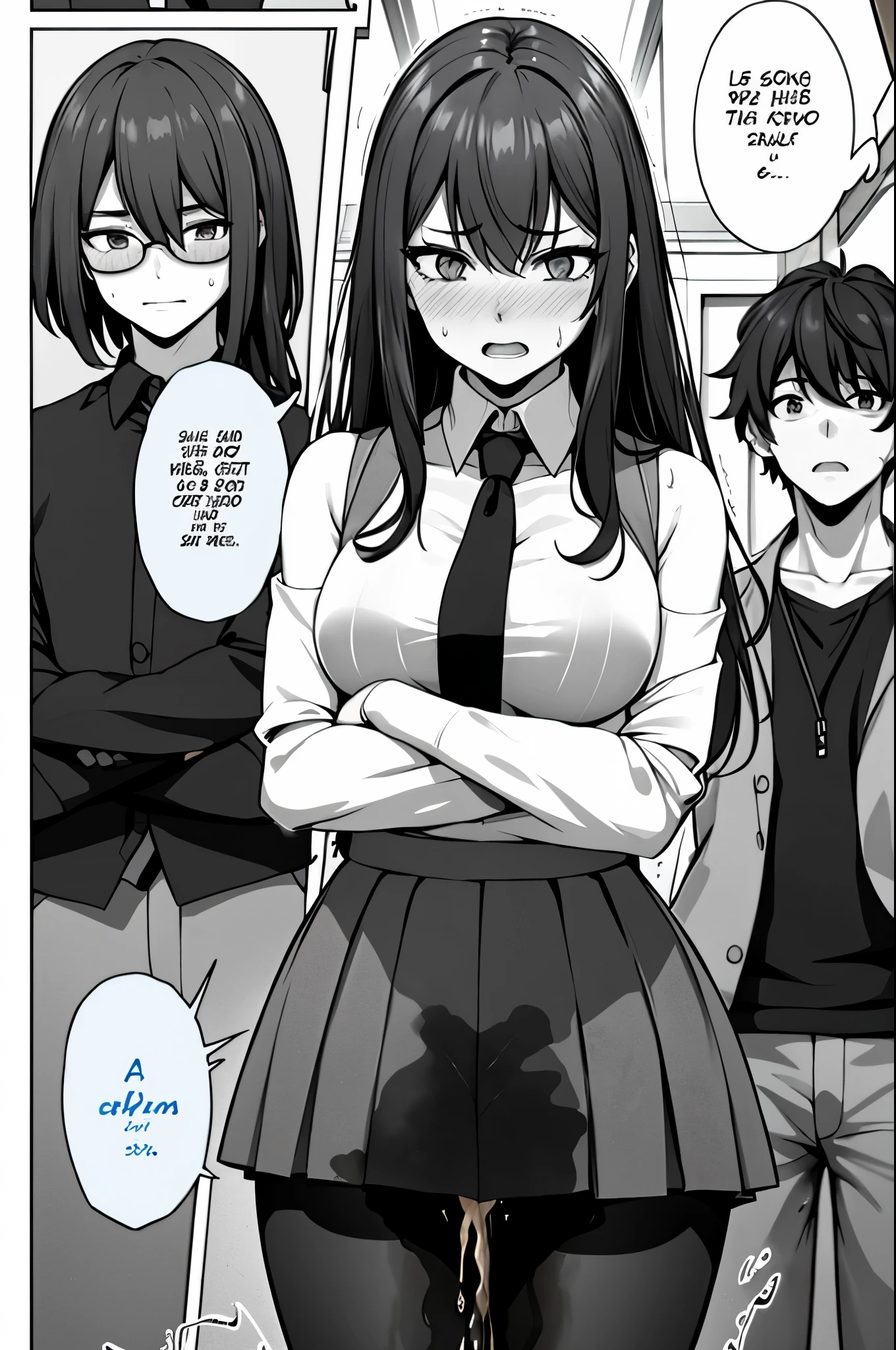 A woman with long black hair, wearing a business outfit consisting of a suit, pencil skirt:, and pantyhose, stands in a monochrome setting. The artwork is inspired by manga and incorporates a doujin style. The woman appears to be (wetting herself:1.5), which causes her to feel embarrassed and humiliated, resulting in a blush on her face. In addition, there is an air of anger in her expression. The lighting in the scene is moody, with a spotlight highlighting the woman's figure. She is crossing her arms, (arms crossed:1.75), fully showcasing her skirt., medium breasts