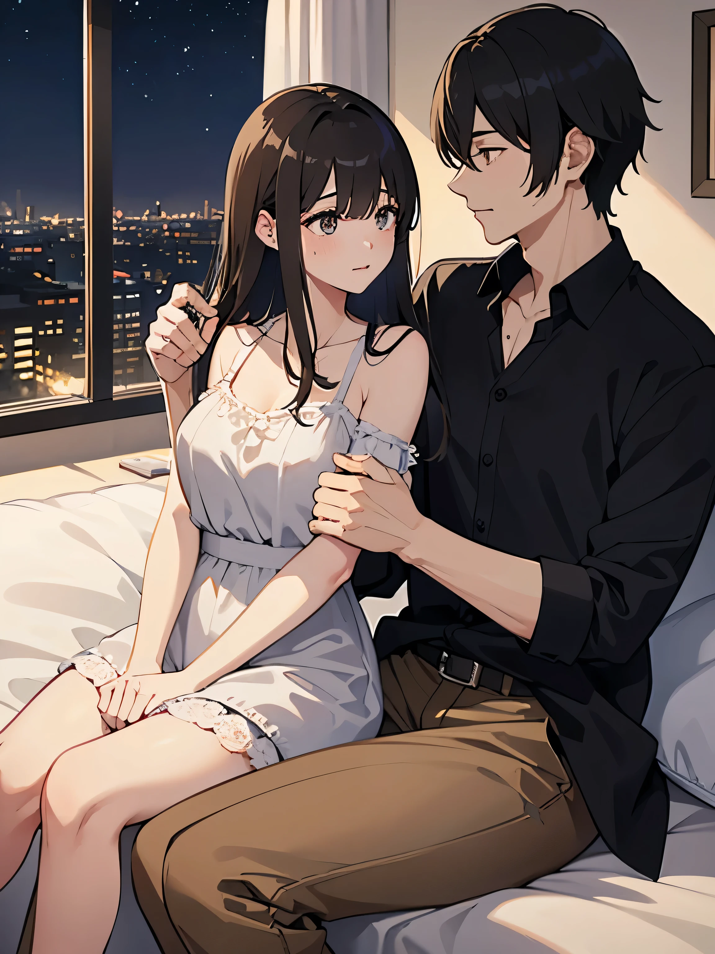 (mesa)(alto detalle)Couples of men and women in their 20s.、1 male, 1 hembra、Ropa ligera tanto para hombres como para mujeres.、durante un beso、romance para mujer、Bright atmosphere、aspecto brillante、Derrames de saliva、felizmente、Hermosa heces、entrevista、sudoroso、hugging each other、galanteo、femele(semi-long brown hair、udder a little bigger、Clothes that are about to be taken off、negligee、cerrando el ojo)、dulce suspiro、gente masculina(pelo corto negro、vistiendo una camisa a medio llevar、piernas mostrando、強くclosing the eye)、Fondo con(un cuarto、una cama、apagar la luz、cortinas cerradas)、Profundo en la noche、el oscuro