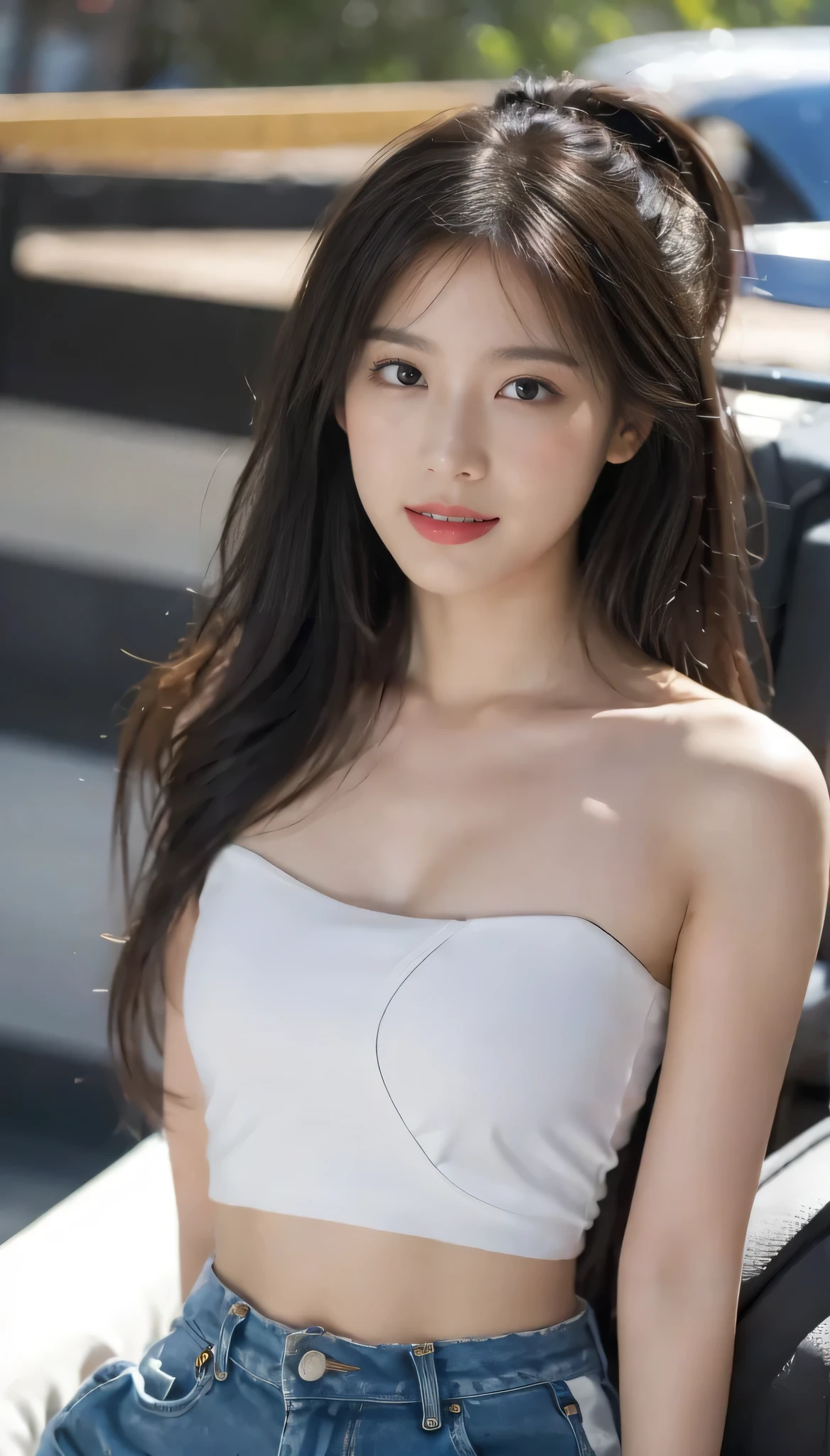 (on the table, best quality, Realistically, Super detailed, meticulous, high resolution, 8k wallpaper), Close-up portrait of a beautiful woman, like, Smile, Light brown messy hair, Perfect dynamic composition, Beautiful and meticulous eyes, Just like the cover of a fashion magazine, On Campus