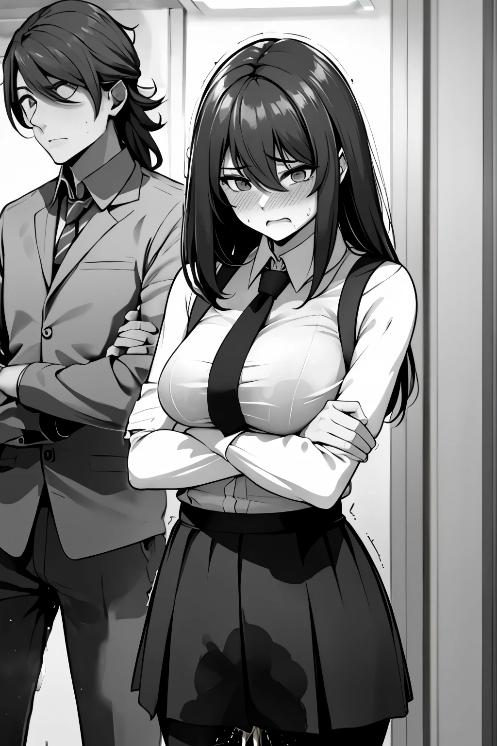 A woman with long black hair, wearing a business outfit consisting of a suit, pencil skirt:, and pantyhose, stands in a monochrome setting. The artwork is inspired by manga and incorporates a doujin style. The woman appears to be (wetting herself:1.5), which causes her to feel embarrassed and humiliated, resulting in a blush on her face. In addition, there is an air of anger in her expression. The lighting in the scene is moody, with a spotlight highlighting the woman's figure. She is crossing her arms, (arms crossed:1.75), fully showcasing her skirt., medium breasts