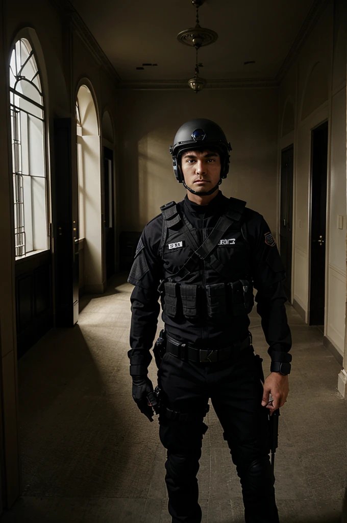 A group of tactical team of SWAT with black uniform standing in the Hall Room