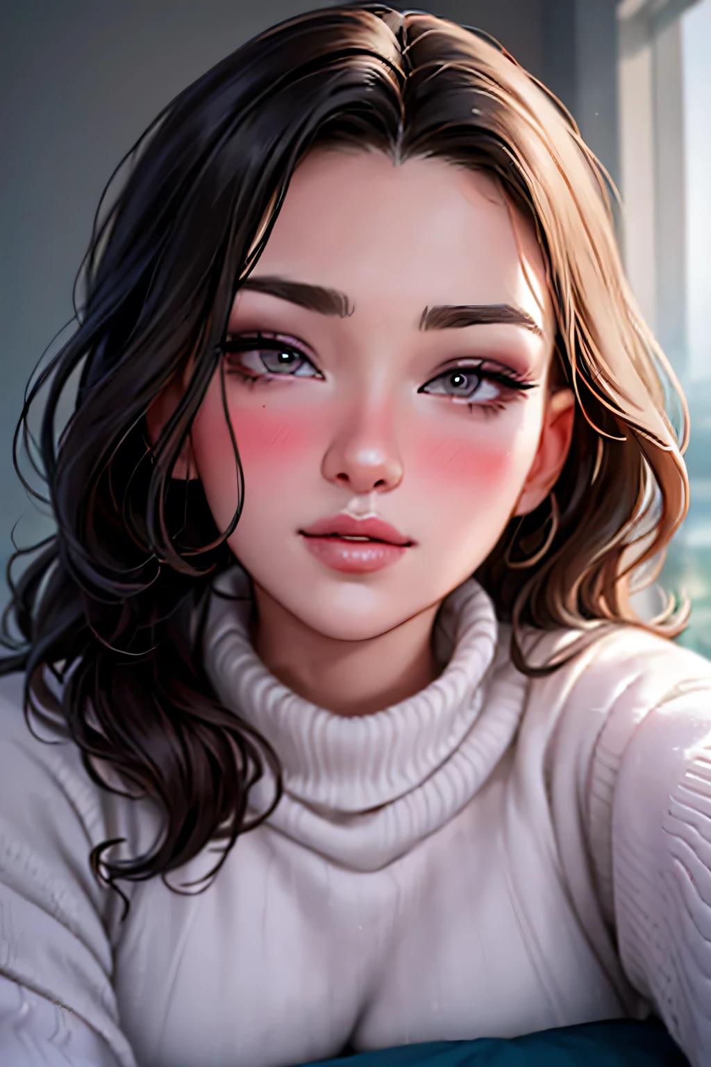 Amazing portrait of a sexy woman with a beautiful face and perfect hair wearing amazing makeup and a seductive gaze while blushing intensely being ready to kiss wearing a long oversized sweater near a window with natural light beaming through window showcasing her  beautiful face while she's seductively gazing at us while lying on a bed resting her head on a pillow facing the viewer 
