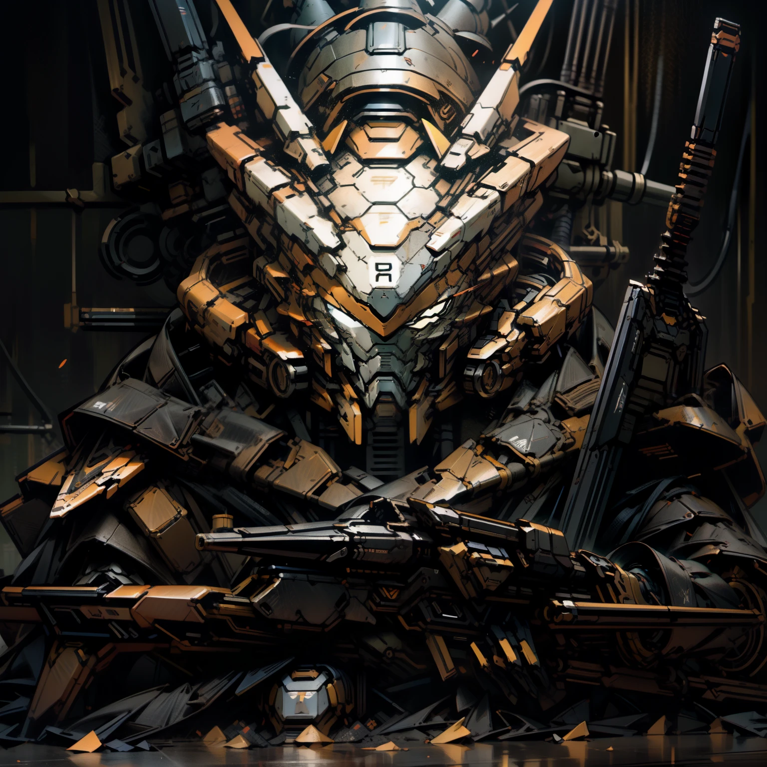 Dark Fantasy, Cyberpunk, Mono eye Gundam, Big gun, One man, Mechanical marvel, Intimidating presence,

In the heart of a dystopian city, a solitary figure looms in the shadows. A mono-eyed Gundam, shrouded in mystery, towers over the desolate landscape. Its cold, mechanical frame gleams under the dim neon lights, a stark contrast to the gritty environment surrounding it. A large, ominous gun is slung over one broad shoulder, its menacing presence a silent reminder of the mono-eyed Gundam's formidable power. With its monocular view of the world,