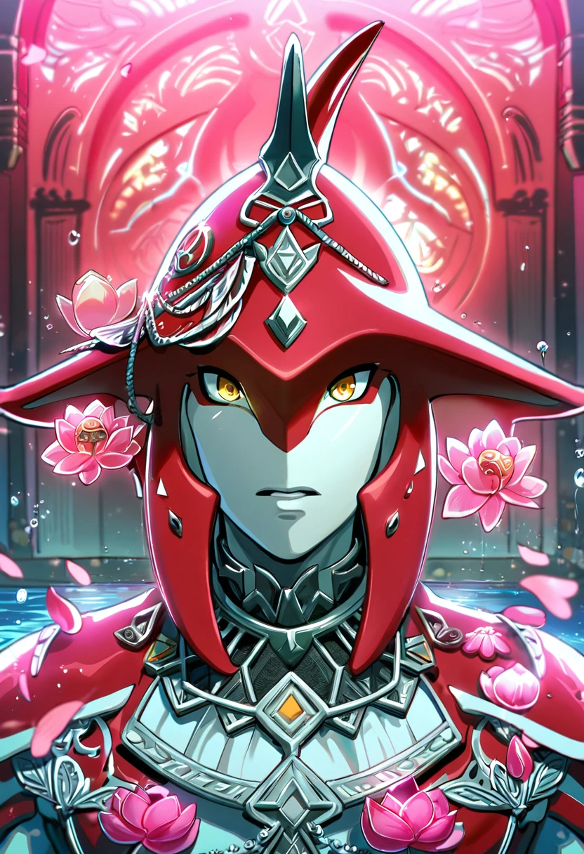 absurdres, highres, ultra detailed, HDR, master piece, best quality, perfect face, beautiful eyes, expressive yellow eyes, prince, Sidon, the legend of zelda breath of the wild, zora, water, pink lotus, pink petals, pink butterflies