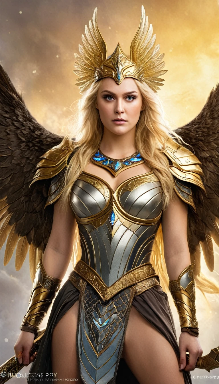 The Valkyries, female warrior to fight besides Odin & Ragnarok, beautiful, closeup image, wear golden armour suit, large big size fluffy wings, wing shape crown on head, beaitiful opal eyes, highly detailed, masterpiece, fantasy mythilogical, realistic hd, light golden hair, english woman, smokey background, photography, hyperrealistic