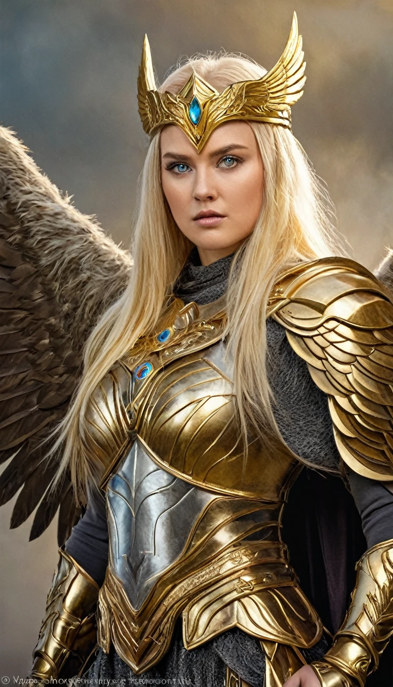 The Valkyries, female warrior to fight besides Odin & Ragnarok, beautiful, closeup image, wear golden armour suit, large big size fluffy wings, wing shape crown on head, beaitiful opal eyes, highly detailed, masterpiece, fantasy mythilogical, realistic hd, light golden hair, english woman, smokey background, photography, hyperrealistic