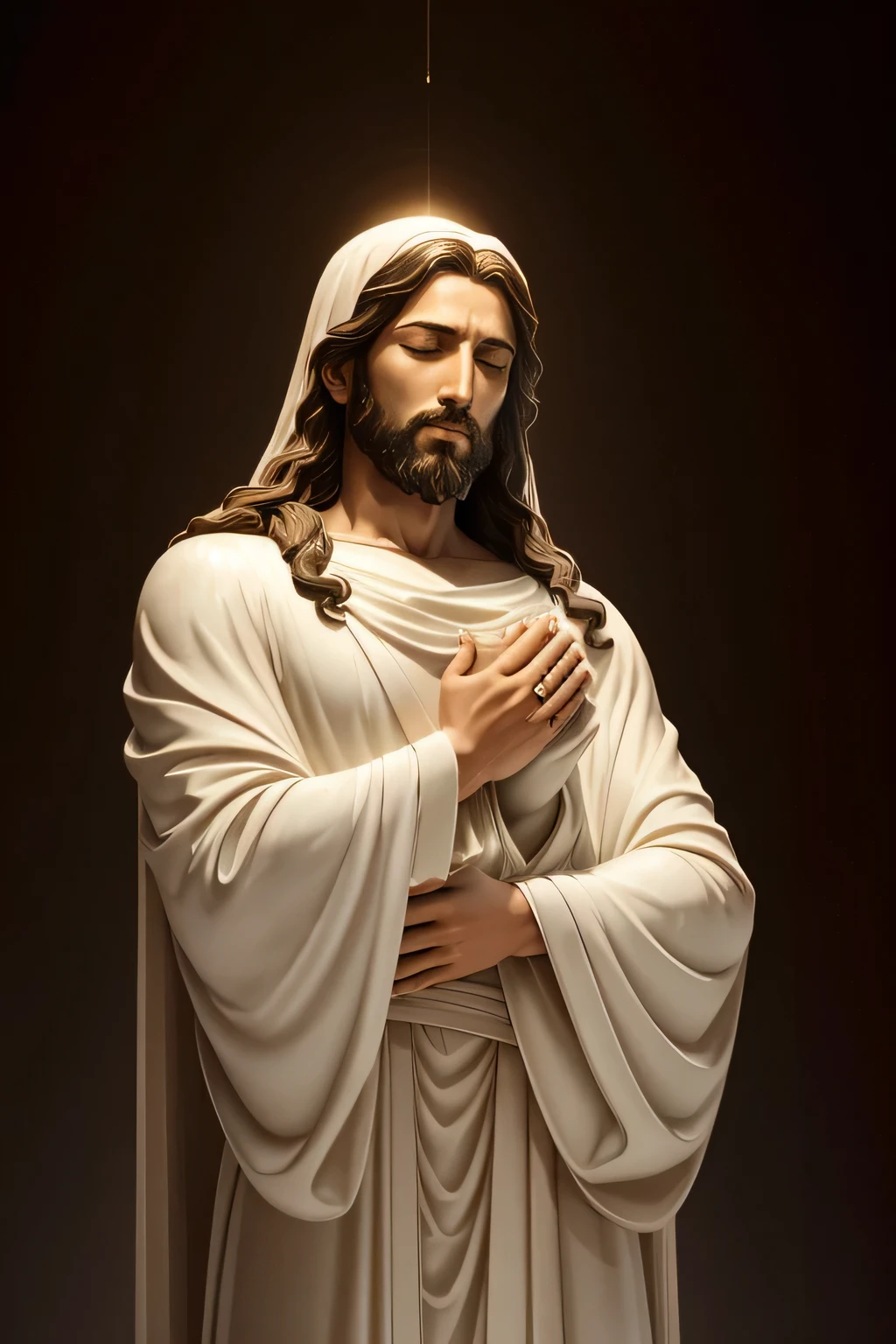 A realistic Greek white marble statue of compassionate Jesus Christ with his hands folded in prayer, surrounded by a serene neutral background, radiating a solemn and peaceful mood, fotorrealista, highly detailed and hyper-realistic, brilliant lights illuminating every curve and crevice, 8K. Jesus' robes are draped elegantly, and his long hair cascades down, creating an aura of tranquility. His brown eyes are closed in deep concentration as he prays for humanity, evoking feelings of hope and unity in those who gaze upon him. The image is a true masterpiece, captured in the highest quality, 4K, ultra high-definition, and super-sharp