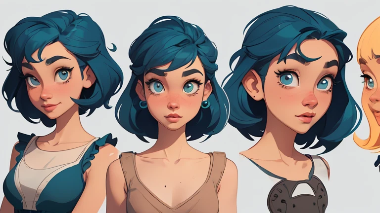 Female character in Turnaround sheetcartoon style Digital art style illustration Cartoon image of a woman .Ilustra??o estilo desenho animado, estilo de arte dos desenhos animados, Ella Purnel lestilo Cartoon style digital illustration artgerm style cartoon art style, digital illustration style, design de personagens altamente detalhado, arte digital detalhada coragem, Forest fan art, Design de personagens de retrato, beautiful digital illustration, retrato de alta qualidade, Arte em quadrinhos, mulher jovem cabelo com transas lindas . Beautiful lined eyes Medium large bust and wonderful sexy clothes. image expression of sexual desire from the waist to the Ella Purnellstyle illustration Cartoon style digital illustration Turnaround sheet style