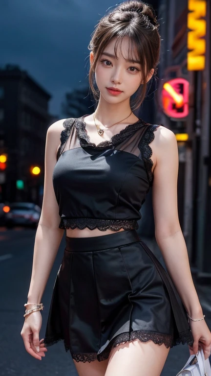 8k, masterpiece, RAW Photos, highest quality, Realistic, Highly detailed CG Unity 8k wallpaper, Depth of written boundary, Cinematic Light, Lens flare, Ray Tracing, (Very beautiful face, Beautiful Lips, Beautiful Eyes), Exquisitely detailed face, ((Highly detailed skin)) One girl, In the Dark, Deep Shadow, Cute Korean Girl, K-Pop Idols,(Very slim slender fit-muscled body:1.3), ((View your viewers)),(Big smile:1.3), (night, (Neon Signs), (Blurred Background), midnight, (No people in the background:1.3), Cute Korean Girl, White Diamond Earrings, bracelet, necklace, Clear Eyes, walking , Front shot, (Pale skin), Look forward, (Big eyes), Full Body Shot, ((See-through blouse)), (Hot pink blouse)), ((Lace skirt)), (View your viewers:1.3), Very slim, Medium chest, Hermes Bags, Tight mini skirt, Updo, short hair, Medium Butt