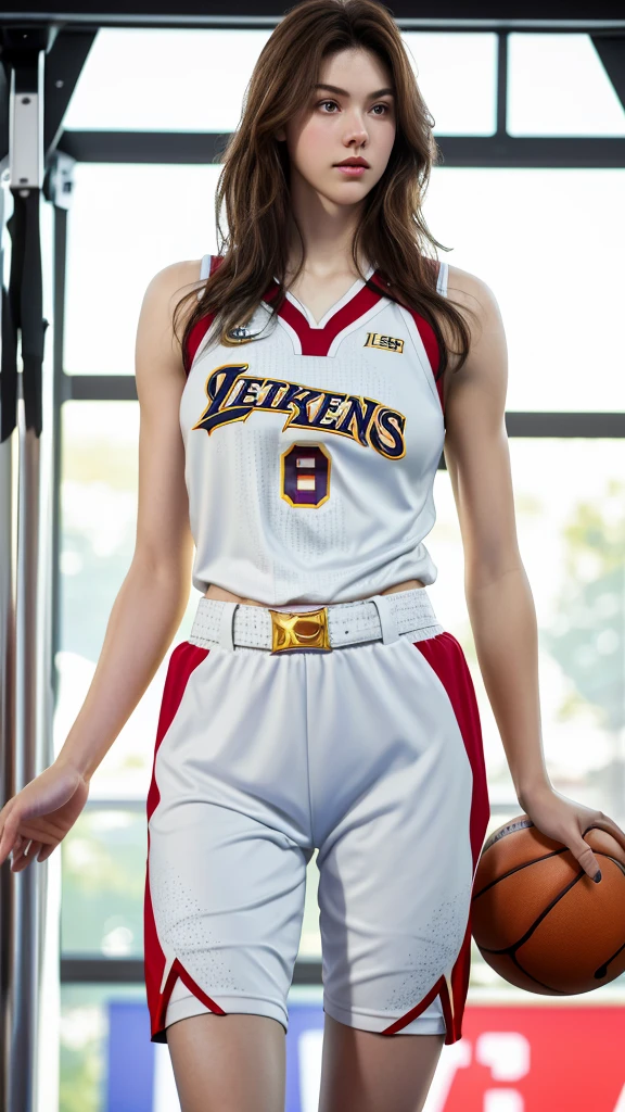 Photorealistic, Ultra realistic, 16k, high quality, cinematic lights, dream atmosphere, dream aesthetic, 1girl, realistically, high resolution, soft light, fair, Tempting, Sexy, White Americans, 18 years old, Tall and thin, Wearing wnba basketball uniform (red and white), stand completely, in the gym, face camera, silky pale-brown hair, flushed skin illuminated, realistic textured skin, realistic shading, sexy basketball tight outfit, sweaty, large natural breasts, realistic textures, belt, 16k resolution, detailed face and eyes, muscular female body, strong arms, lean belly, big hips, muscular thighs, thick legs, full body, realistic, style-paintmagic, different positions at different types of angles. 