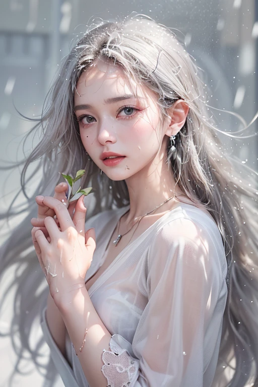 (masterpiece:1.3), (8k, Photorealistic, Raw photo, Best image quality: 1.4), Fair-skinned fairy woman、Long Haircut、Cleavage:2.0、Super detailed face、Attention to detail、age 17, double eyelid、Put your chest together、Sharp focus:1.2、Beautiful woman:1.4、Silvery white hair、highest quality、masterpiece、超A high resolution、(Photorealistic:1.4)、Highly detailed and professionally lit smile、Loose, light, Shoulder out、thin、Serious expression、Short-haired、Deadly position, gorgeous accessories, one person (RAW shooting, Photoreal:1.5, 8K, highest quality, masterpiece, ultra high resolution), perfect dynamic composition:1.2, (In front of a city building at night in a modern city, expression of sadness:0.9, Tears are flowing:0.9, cry with a broken heart:0.9), Highly detailed skin and facial textures:1.2, Slim office lady wet in the rain:1.3, Fair skin:1.2, sexy beauty:1.1, perfect style:1.2, beautiful and aesthetic:1.1, very beautiful face:1.2, water droplets on the skin, (rain drips all over my body:1.2, wet body:1.2, wet hair:1.3), (Holding a wet bouquet:1.2, Wearing a wet white blouse correctly:1.35), (Medium chest, Bra is transparent, Chest gap), necklace, earrings, bracelet, wear jeans
