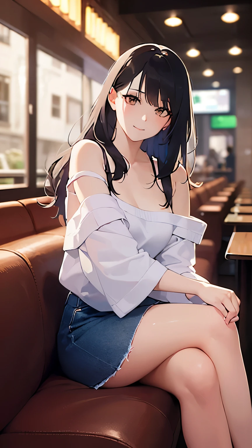 Upper Body, Realistic, real person, (pale skin: 1.2), RAW photo, photorealistic, portrait photography, shiny skin, shiny hair、(A 25-year-old woman with medium-length hair and bangs) and (wavy hair) and (brown hair) and (orange eyes) ,White off-shoulder blouse、smile, The background is the interior of a restaurant at night.、Alone、Sitting、Crossing your legs