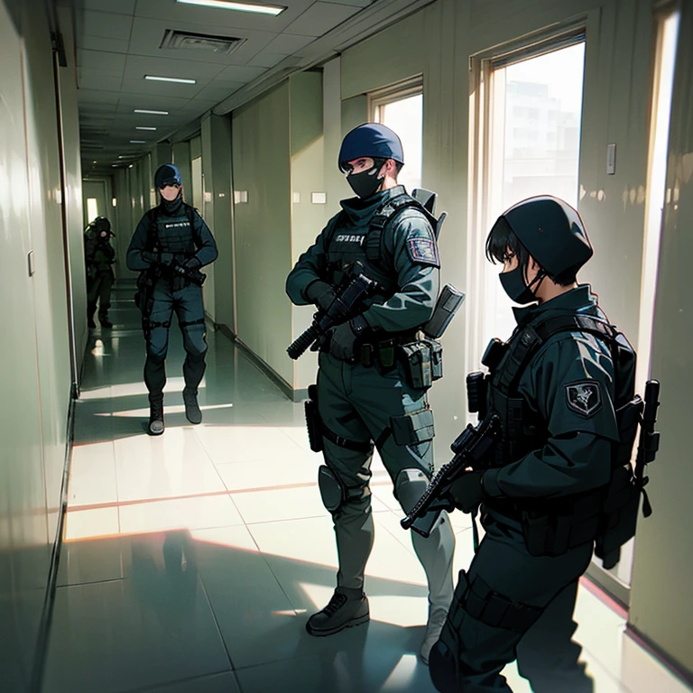 A group of SWAT tactical team standing in a hall room with weapon engaged