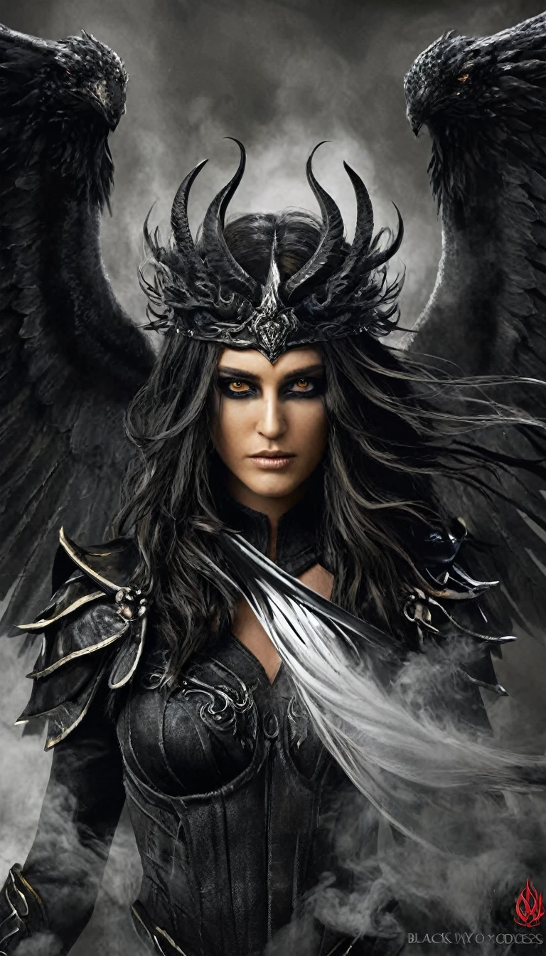 The Furies. Godessess of Vengeance the Greek Mythology, closeup image, black color armoir suits, large big fluffy wings, wear crown, thornes, white long hair, firey colored eyes, darkness, smoke, realistic, fantasy, masterpiece, higly detailed, background black smokey with little fire smokes