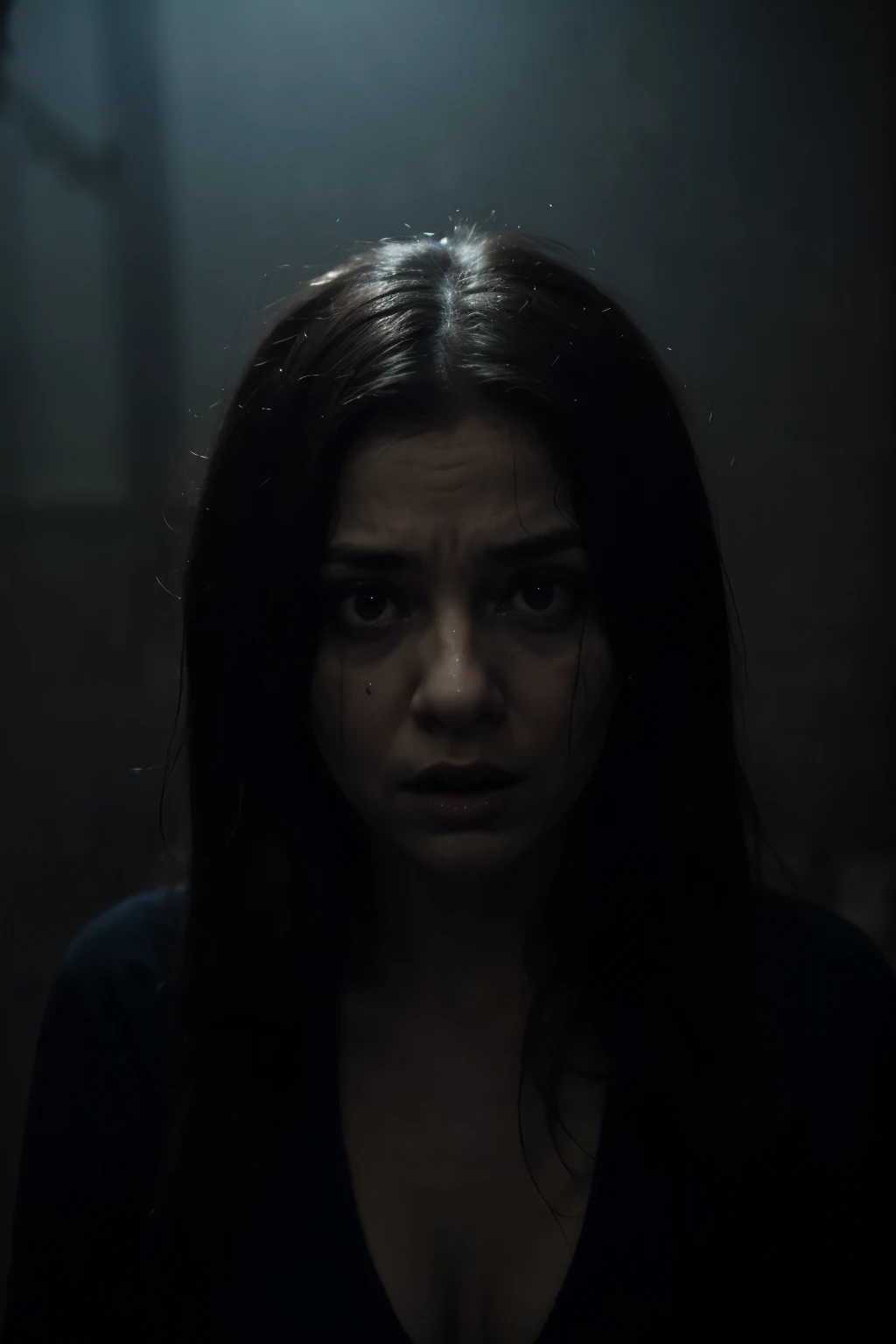 a dark spooky scenary where a noises come from everywhere and a person looks terrified in this image and look more paranoid