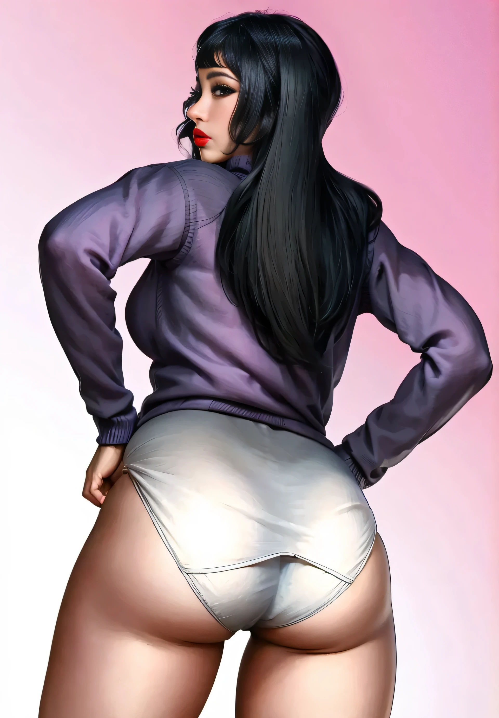((masterpiece, best quality)), ((((perfect anatomy)))), ((35 year old)), (((Curvy))), ((Latina with long black hair)), in ((purple sweater)), ((white cotton panties)), purple lipstick, heavy eyeliner, standing in front of a gradient screen, (((realistic art style)))