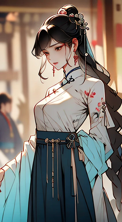 (Masterpiece, Top Quality, Best Quality), ((Wuxia World, Xiuxian, Chinese Wuxia,)), (1 Girl Solo), (Full Body), (Gentle Eyes), (Ancient Chinese Clothes, Cyan Robe, Embroidered Collar Uesugi, White Big Sleeve Shirt, Streamers), (Hairpin, Long Black Hair), (Hanfu), Light Pink Lips, (Young), Earrings, White Skin, (Clear Facial Features, Detailed Skin Texture, Beautiful Face, Facial Highlight), Color Ink Painting, Splash Color, Sketch, Denoising, Splash Ink, Dramatic, Cinematic grade, white background, standing, slim body, 8k UHD, DSLR, soft light, high quality, high resolution, (very detailed CG unity 8k wallpaper)