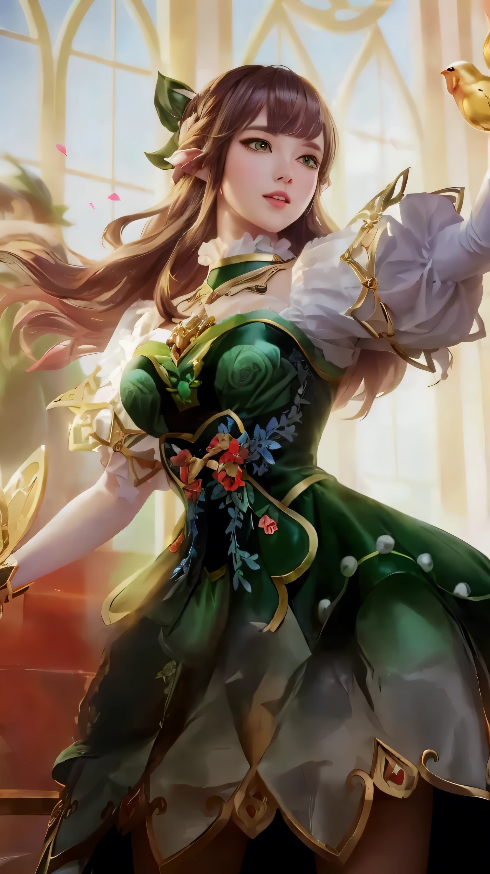 anime girl in green dress holding a gold bird in her hand, alluring elf princess knight