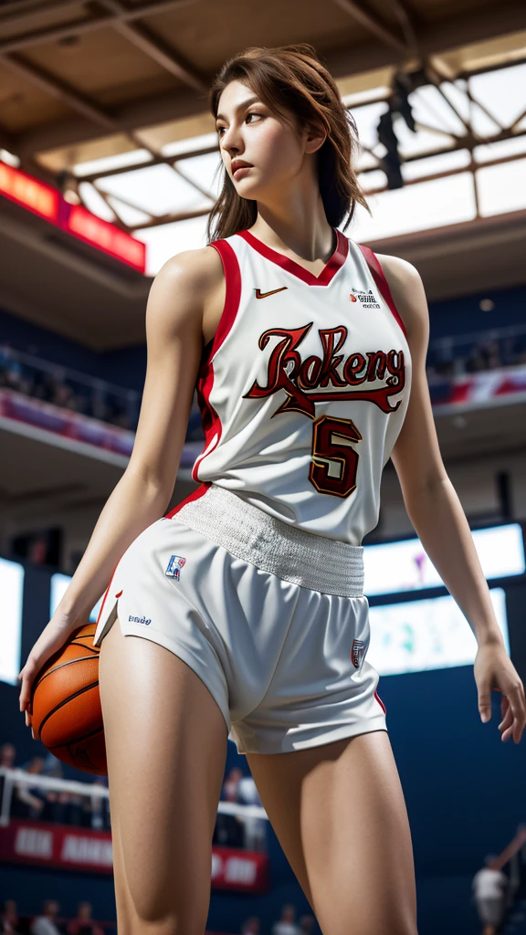 Photorealistic, Ultra realistic, 16k, high quality, cinematic lights, dream atmosphere, dream aesthetic, 1girl, realistically, high resolution, soft light, fair, Tempting, Sexy, White Americans, 18 years old, Tall and thin, Wearing wnba basketball uniform (red and white), stand completely, in the gym, face camera, silky pale-brown hair, flushed skin illuminated, realistic textured skin, realistic shading, sexy basketball tight outfit, sweaty, large natural breasts, realistic textures, belt, 16k resolution, detailed face and eyes, muscular female body, strong arms, lean belly, big hips, muscular thighs, thick legs, full body, realistic, style-paintmagic, different positions at different types of angles.