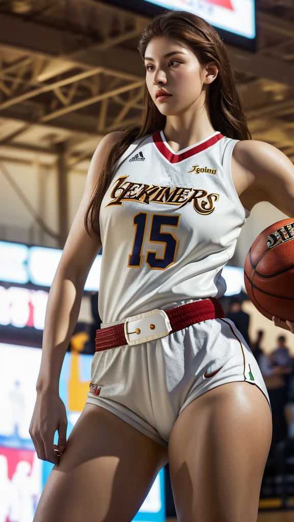 Photorealistic, Ultra realistic, 16k, high quality, cinematic lights, dream atmosphere, dream aesthetic, 1girl, realistically, high resolution, soft light, fair, Tempting, Sexy, White Americans, 18 years old, Tall and thin, Wearing wnba basketball uniform (red and white), stand completely, in the gym, face camera, silky pale-brown hair, flushed skin illuminated, realistic textured skin, realistic shading, sexy basketball tight outfit, sweaty, large natural breasts, realistic textures, belt, 16k resolution, detailed face and eyes, muscular female body, strong arms, lean belly, big hips, muscular thighs, thick legs, full body, realistic, style-paintmagic, different positions at different types of angles.