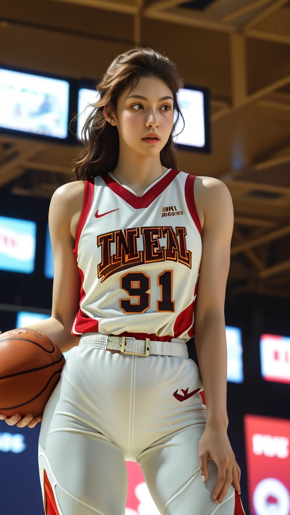 Photorealistic, Ultra realistic, 16k, high quality, cinematic lights, dream atmosphere, dream aesthetic, 1girl, realistically, high resolution, soft light, fair, Tempting, Sexy, White Americans, 18 years old, Tall and thin, Wearing wnba basketball uniform (red and white), stand completely, in the gym, face camera, silky pale-brown hair, flushed skin illuminated, realistic textured skin, realistic shading, sexy basketball tight outfit, sweaty, large natural breasts, realistic textures, belt, 16k resolution, detailed face and eyes, muscular female body, strong arms, lean belly, big hips, muscular thighs, thick legs, full body, realistic, style-paintmagic, different positions at different types of angles. 