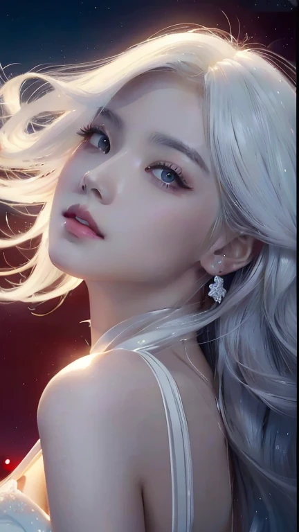 un primer plano de una mujer con cabello largo y blanco y un vestido blanco, chica perfecta de pelo blanco, chica con pelo blanco, estilo animado. 8k, Arte detallado de alta calidad 8k, obra de arte al estilo de guweiz, [ arte digital 4k ]!!, impresionante retrato de cara de anime, ross tran 8k, white hair lady, extremely detailed artistic germ, maquillaje popular de Corea del Sur 